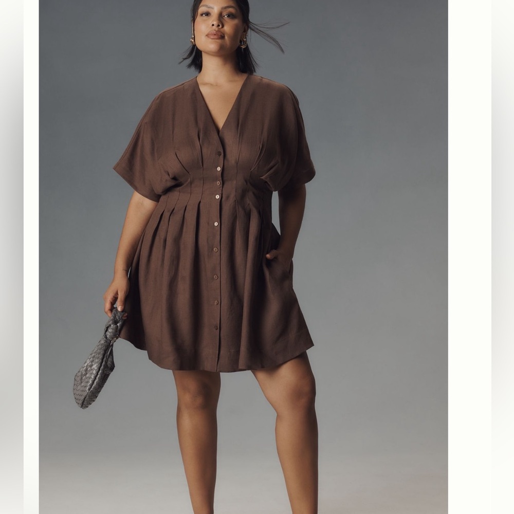 Anthropologie Brown V-Neck Button Mini Dress
